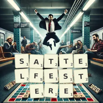 Kreative Illustration für ein Scrabble-Spiel, bei dem das Wort SATTELFESTERE mit Steinen auf dem Brett gelegt wurde.