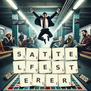 Kreative Illustration für ein Scrabble-Spiel, bei dem das Wort SATTELFESTERER mit Steinen auf dem Brett gelegt wurde.