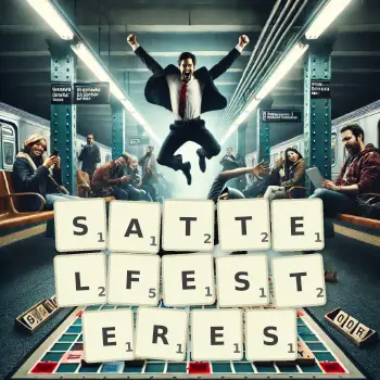 Kreative Illustration für ein Scrabble-Spiel, bei dem das Wort SATTELFESTERES mit Steinen auf dem Brett gelegt wurde.