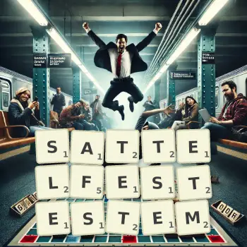 Kreative Illustration für ein Scrabble-Spiel, bei dem das Wort SATTELFESTESTEM mit Steinen auf dem Brett gelegt wurde.