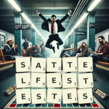Kreative Illustration für ein Scrabble-Spiel, bei dem das Wort SATTELFESTESTES mit Steinen auf dem Brett gelegt wurde.