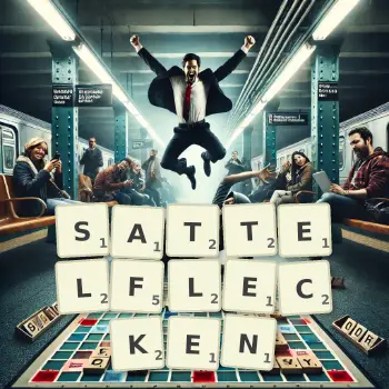 Kreative Illustration für ein Scrabble-Spiel, bei dem das Wort SATTELFLECKEN mit Steinen auf dem Brett gelegt wurde.