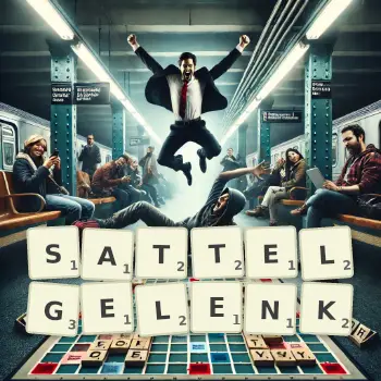 Kreative Illustration für ein Scrabble-Spiel, bei dem das Wort SATTELGELENK mit Steinen auf dem Brett gelegt wurde.