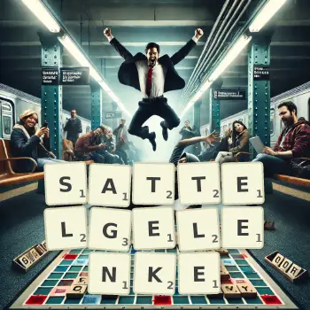 Kreative Illustration für ein Scrabble-Spiel, bei dem das Wort SATTELGELENKE mit Steinen auf dem Brett gelegt wurde.