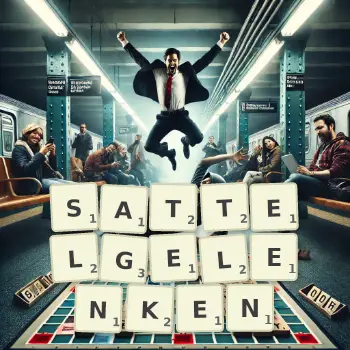 Kreative Illustration für ein Scrabble-Spiel, bei dem das Wort SATTELGELENKEN mit Steinen auf dem Brett gelegt wurde.