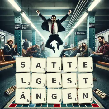 Kreative Illustration für ein Scrabble-Spiel, bei dem das Wort SATTELGESTÄNGEN mit Steinen auf dem Brett gelegt wurde.