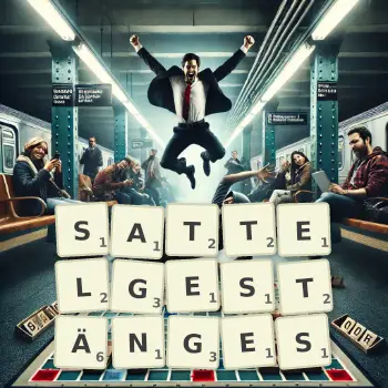 Kreative Illustration für ein Scrabble-Spiel, bei dem das Wort SATTELGESTÄNGES mit Steinen auf dem Brett gelegt wurde.
