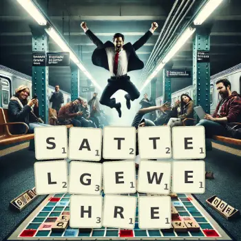 Kreative Illustration für ein Scrabble-Spiel, bei dem das Wort SATTELGEWEHRE mit Steinen auf dem Brett gelegt wurde.