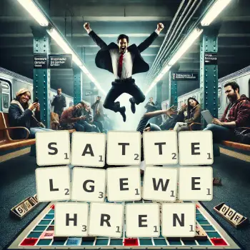 Kreative Illustration für ein Scrabble-Spiel, bei dem das Wort SATTELGEWEHREN mit Steinen auf dem Brett gelegt wurde.
