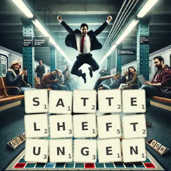 Kreative Illustration für ein Scrabble-Spiel, bei dem das Wort SATTELHEFTUNGEN mit Steinen auf dem Brett gelegt wurde.