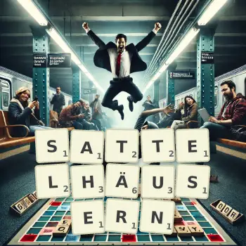 Kreative Illustration für ein Scrabble-Spiel, bei dem das Wort SATTELHÄUSERN mit Steinen auf dem Brett gelegt wurde.