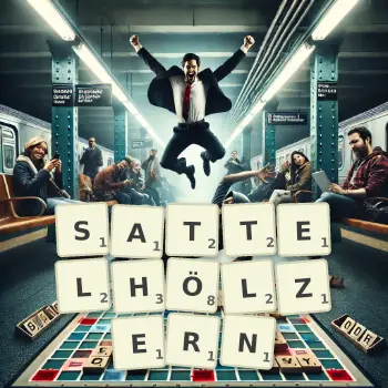 Kreative Illustration für ein Scrabble-Spiel, bei dem das Wort SATTELHÖLZERN mit Steinen auf dem Brett gelegt wurde.