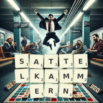 Kreative Illustration für ein Scrabble-Spiel, bei dem das Wort SATTELKAMMERN mit Steinen auf dem Brett gelegt wurde.