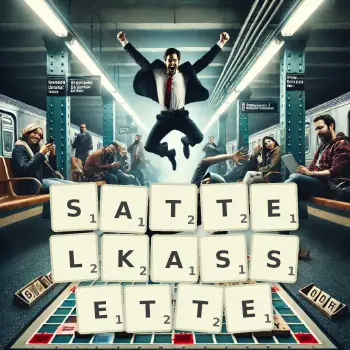 Kreative Illustration für ein Scrabble-Spiel, bei dem das Wort SATTELKASSETTE mit Steinen auf dem Brett gelegt wurde.