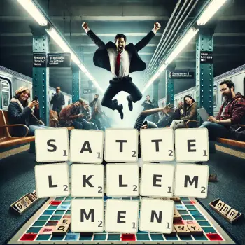 Kreative Illustration für ein Scrabble-Spiel, bei dem das Wort SATTELKLEMMEN mit Steinen auf dem Brett gelegt wurde.