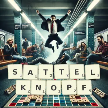 Kreative Illustration für ein Scrabble-Spiel, bei dem das Wort SATTELKNOPF mit Steinen auf dem Brett gelegt wurde.