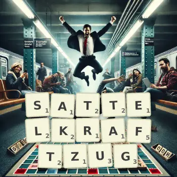 Kreative Illustration für ein Scrabble-Spiel, bei dem das Wort SATTELKRAFTZUG mit Steinen auf dem Brett gelegt wurde.