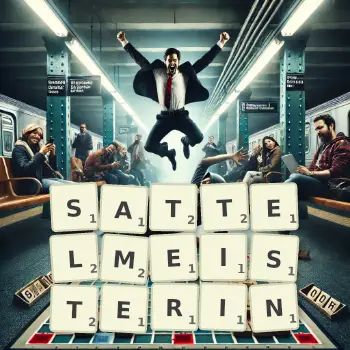 Kreative Illustration für ein Scrabble-Spiel, bei dem das Wort SATTELMEISTERIN mit Steinen auf dem Brett gelegt wurde.