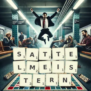 Kreative Illustration für ein Scrabble-Spiel, bei dem das Wort SATTELMEISTERN mit Steinen auf dem Brett gelegt wurde.