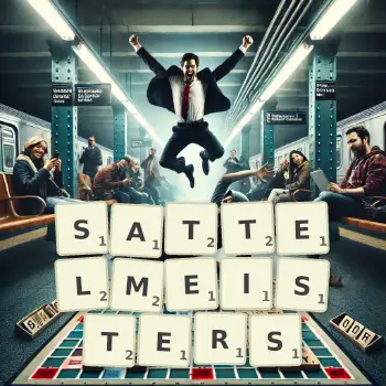 Kreative Illustration für ein Scrabble-Spiel, bei dem das Wort SATTELMEISTERS mit Steinen auf dem Brett gelegt wurde.