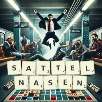 Kreative Illustration für ein Scrabble-Spiel, bei dem das Wort SATTELNASEN mit Steinen auf dem Brett gelegt wurde.