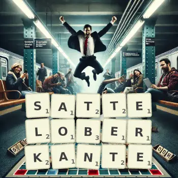 Kreative Illustration für ein Scrabble-Spiel, bei dem das Wort SATTELOBERKANTE mit Steinen auf dem Brett gelegt wurde.