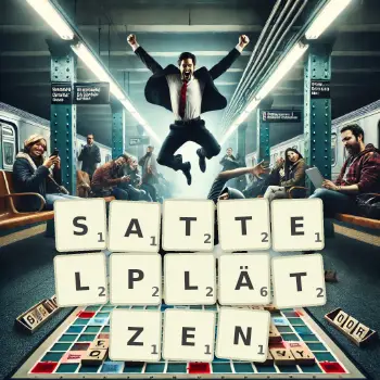 Kreative Illustration für ein Scrabble-Spiel, bei dem das Wort SATTELPLÄTZEN mit Steinen auf dem Brett gelegt wurde.