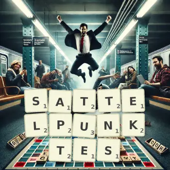 Kreative Illustration für ein Scrabble-Spiel, bei dem das Wort SATTELPUNKTES mit Steinen auf dem Brett gelegt wurde.