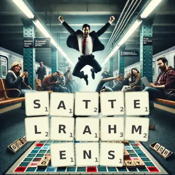 Kreative Illustration für ein Scrabble-Spiel, bei dem das Wort SATTELRAHMENS mit Steinen auf dem Brett gelegt wurde.
