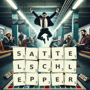 Kreative Illustration für ein Scrabble-Spiel, bei dem das Wort SATTELSCHLEPPER mit Steinen auf dem Brett gelegt wurde.