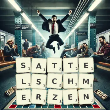 Kreative Illustration für ein Scrabble-Spiel, bei dem das Wort SATTELSCHMERZEN mit Steinen auf dem Brett gelegt wurde.