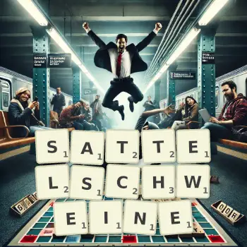 Kreative Illustration für ein Scrabble-Spiel, bei dem das Wort SATTELSCHWEINE mit Steinen auf dem Brett gelegt wurde.