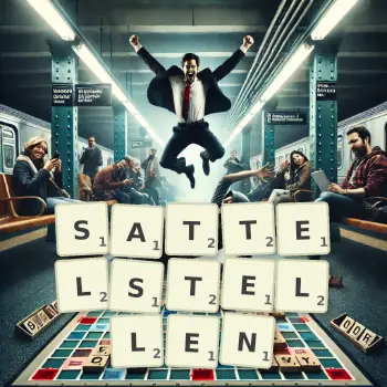 Kreative Illustration für ein Scrabble-Spiel, bei dem das Wort SATTELSTELLEN mit Steinen auf dem Brett gelegt wurde.