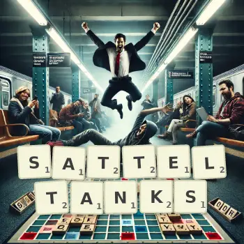 Kreative Illustration für ein Scrabble-Spiel, bei dem das Wort SATTELTANKS mit Steinen auf dem Brett gelegt wurde.