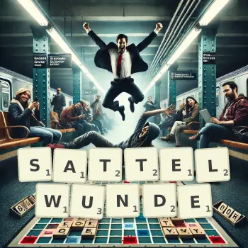 Kreative Illustration für ein Scrabble-Spiel, bei dem das Wort SATTELWUNDE mit Steinen auf dem Brett gelegt wurde.