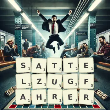 Kreative Illustration für ein Scrabble-Spiel, bei dem das Wort SATTELZUGFAHRER mit Steinen auf dem Brett gelegt wurde.