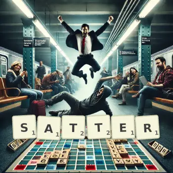 Kreative Illustration für ein Scrabble-Spiel, bei dem das Wort SATTER mit Steinen auf dem Brett gelegt wurde.