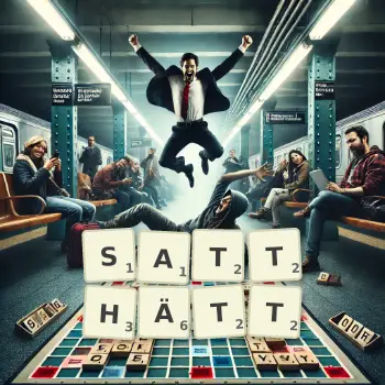 Kreative Illustration für ein Scrabble-Spiel, bei dem das Wort SATTHÄTT mit Steinen auf dem Brett gelegt wurde.