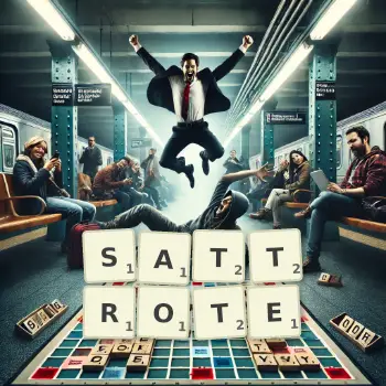 Kreative Illustration für ein Scrabble-Spiel, bei dem das Wort SATTROTE mit Steinen auf dem Brett gelegt wurde.