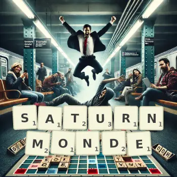 Kreative Illustration für ein Scrabble-Spiel, bei dem das Wort SATURNMONDE mit Steinen auf dem Brett gelegt wurde.