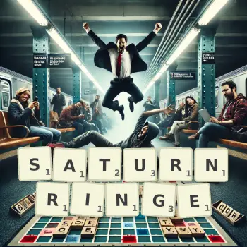 Kreative Illustration für ein Scrabble-Spiel, bei dem das Wort SATURNRINGE mit Steinen auf dem Brett gelegt wurde.