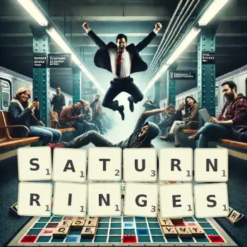 Kreative Illustration für ein Scrabble-Spiel, bei dem das Wort SATURNRINGES mit Steinen auf dem Brett gelegt wurde.