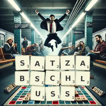 Kreative Illustration für ein Scrabble-Spiel, bei dem das Wort SATZABSCHLUSS mit Steinen auf dem Brett gelegt wurde.