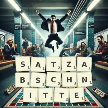 Kreative Illustration für ein Scrabble-Spiel, bei dem das Wort SATZABSCHNITTE mit Steinen auf dem Brett gelegt wurde.