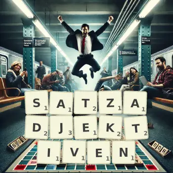 Kreative Illustration für ein Scrabble-Spiel, bei dem das Wort SATZADJEKTIVEN mit Steinen auf dem Brett gelegt wurde.