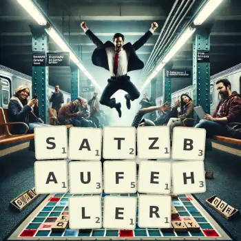 Kreative Illustration für ein Scrabble-Spiel, bei dem das Wort SATZBAUFEHLER mit Steinen auf dem Brett gelegt wurde.