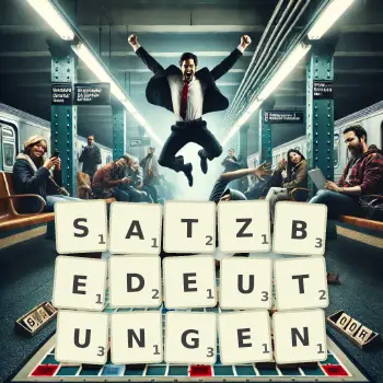 Kreative Illustration für ein Scrabble-Spiel, bei dem das Wort SATZBEDEUTUNGEN mit Steinen auf dem Brett gelegt wurde.
