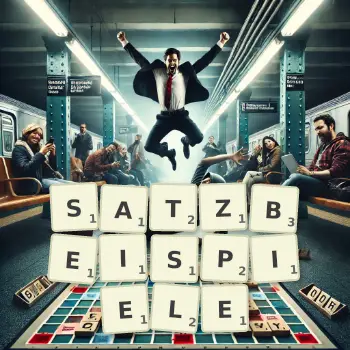 Kreative Illustration für ein Scrabble-Spiel, bei dem das Wort SATZBEISPIELE mit Steinen auf dem Brett gelegt wurde.