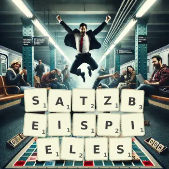 Kreative Illustration für ein Scrabble-Spiel, bei dem das Wort SATZBEISPIELES mit Steinen auf dem Brett gelegt wurde.