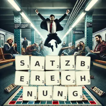 Kreative Illustration für ein Scrabble-Spiel, bei dem das Wort SATZBERECHNUNG mit Steinen auf dem Brett gelegt wurde.